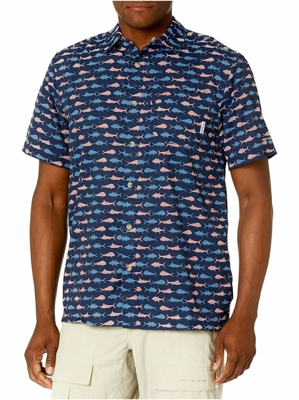 Columbia Super Slack Tide Camp Short Sleeve Shirt Navy Fish American Flag USA